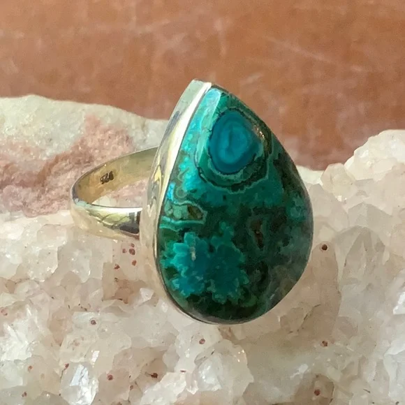 AZURITE & CHRYSCOLLA 925 STERLING SILVER RING, SIZE 8.75 - Picture 3 of 7
